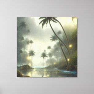 Palmbomen en oceaan nevelige dag canvas afdruk