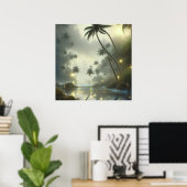 Palmbomen en oceaan nevelige dag poster (Thuiskantoor)