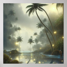 Palmbomen en oceaan nevelige dag poster