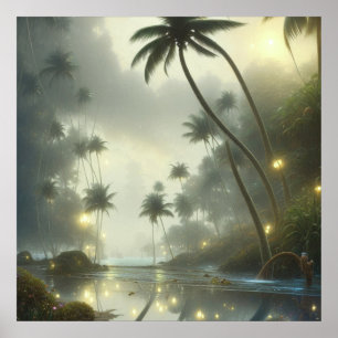 Palmbomen en oceaan nevelige dag poster