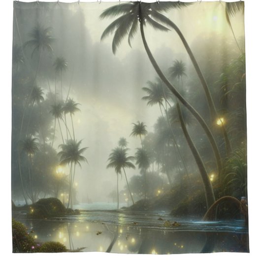 Palmbomen en oceaanverlichting douchegordijn (Voorkant)