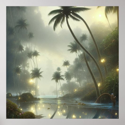 Palmbomen en Ocean Foggy Day Poster (Voorkant)