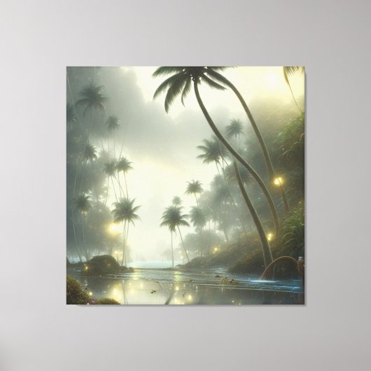 Palmbomen en oceannevelige dag canvas afdruk (Voorkant)