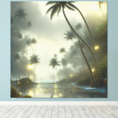 Palmbomen en oceannevelige dag canvas afdruk (Insitu (Houten vloer))
