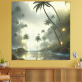 Palmbomen en oceannevelige dag canvas afdruk (Insitu (Woonkamer))