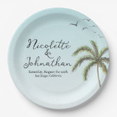 Palmbomen en Vogels Eenvoudige Strand Bruiloft Papieren Bordje (Voorkant)