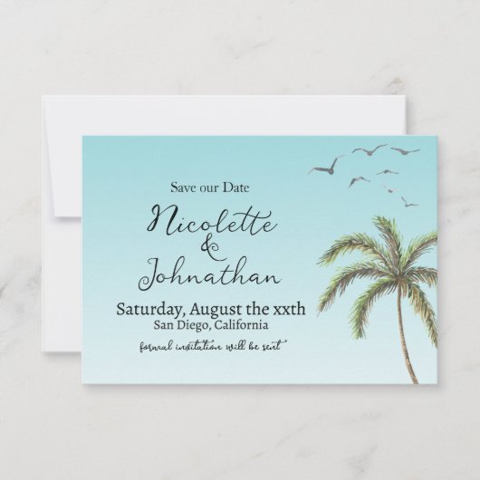 Palmbomen en Vogels Eenvoudige Strand Bruiloft Save The Date (Voorkant)