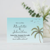 Palmbomen en Vogels Eenvoudige Strand Bruiloft Save The Date (Staand voorkant)