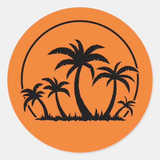 Palmbomen en zonsondergang in zwart ronde sticker (Voorkant)