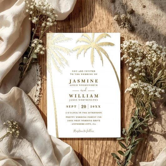 Palmbomen Gouden Elegante Moderne QR Code Trouwen Kaart