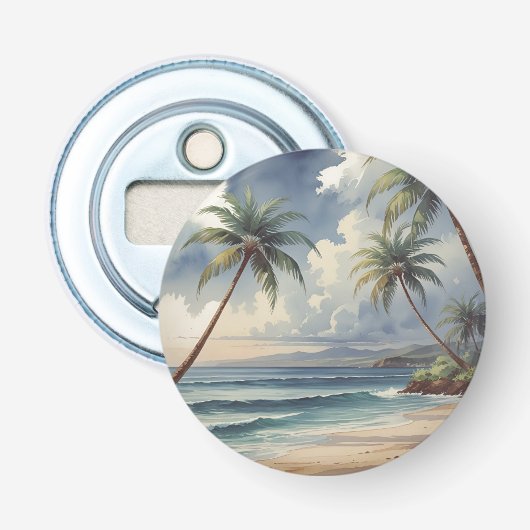 Palmbomen Hawaiaanse Reis Honolulu Blauwe Zee Button Flesopener (Voorkant)