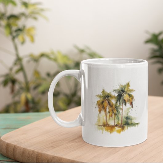 Palmbomen in groene en gele waterverf tropen koffiemok