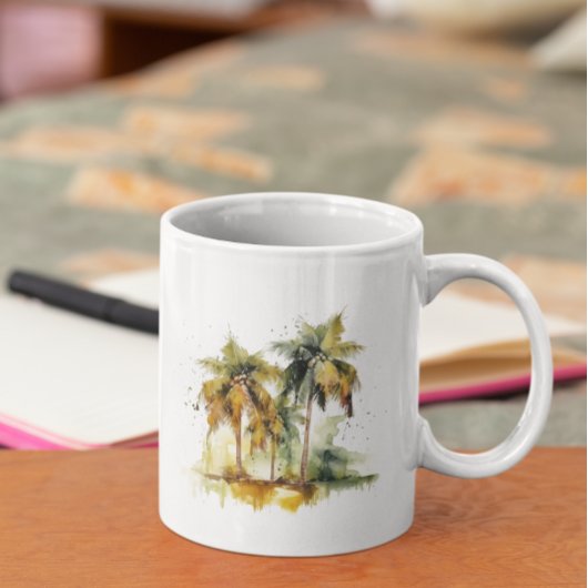 Palmbomen in groene en gele waterverf tropen koffiemok