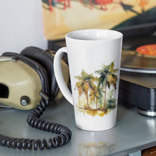 Palmbomen in groene en gele waterverf tropen latte mok