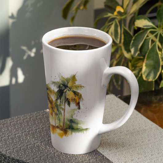 Palmbomen in groene en gele waterverf tropen latte mok