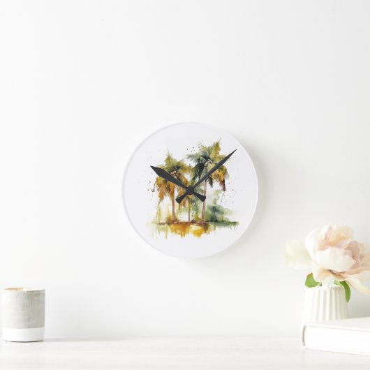 Palmbomen in groene en gele waterverf tropen ronde klok (Huis)