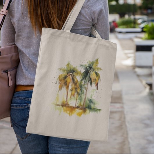 Palmbomen in groene en gele waterverf tropen tote bag
