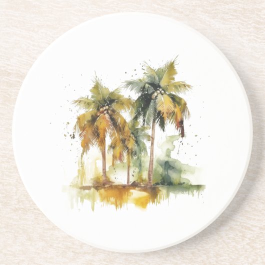 Palmbomen in groene en gele waterverf tropen zandsteen onderzetter (Voorkant)