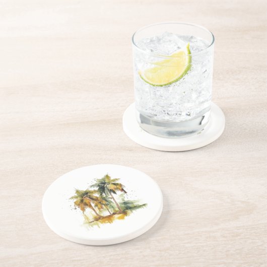 Palmbomen in groene en gele waterverf tropen zandsteen onderzetter (Zijkant)