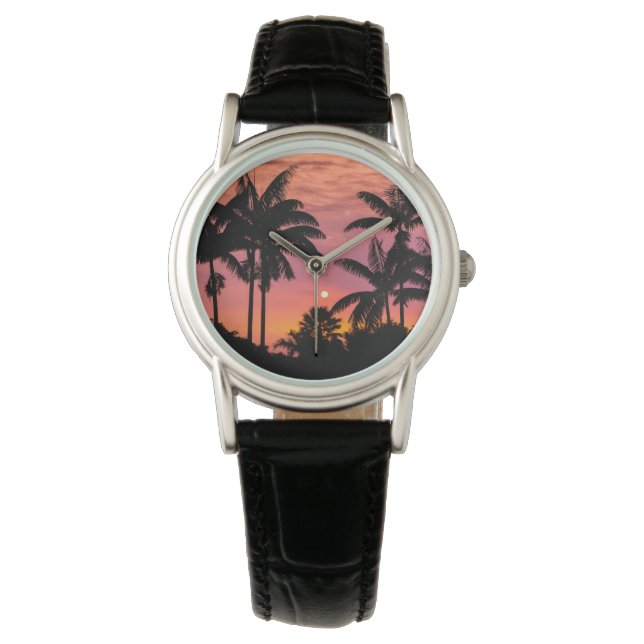 Palmbomen in silhouet, Hawaï Horloge (Voorkant)
