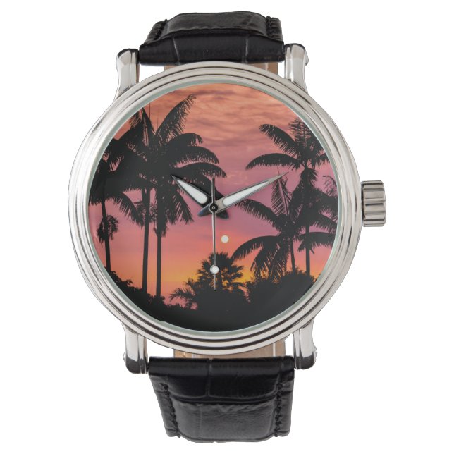 Palmbomen in silhouet, Hawaï Horloge (Voorkant)