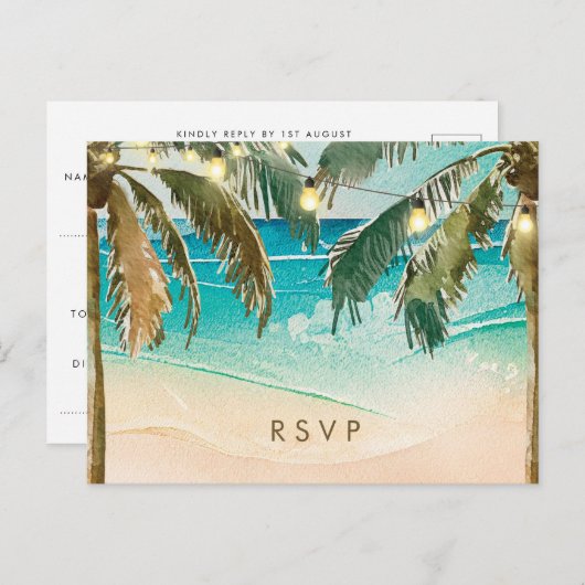 Palmbomen lichten strand bruiloft rsvp briefkaart (Voorkant / Achterkant)