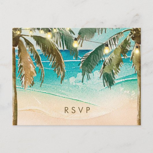 Palmbomen lichten strand bruiloft rsvp briefkaart (Voorkant)