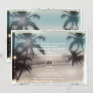 Palmbomen Lichten Vintage Tropisch Strand Bruiloft Kaart
