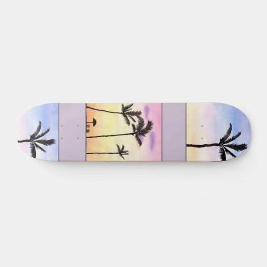 Palmbomen met zonnestralen in pastel persoonlijk skateboard (Horizontaal)