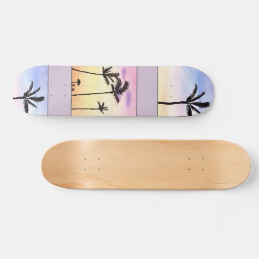Palmbomen met zonnestralen in pastel persoonlijk skateboard (Horizontaal)