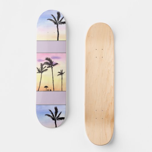 Palmbomen met zonnestralen in pastel persoonlijk skateboard (Voorkant)