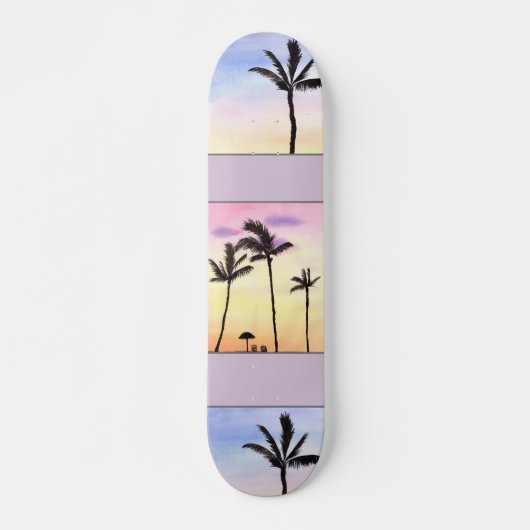 Palmbomen met zonnestralen in pastel persoonlijk skateboard (Voorkant)