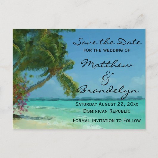 Palmbomen Oceaan Save the Date Briefkaarten (Voorkant)