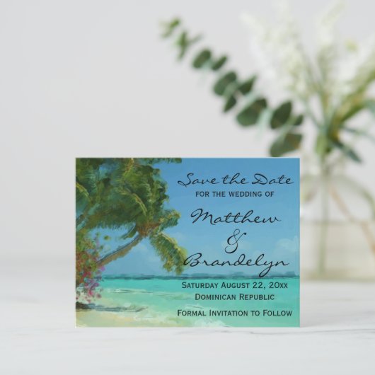 Palmbomen Oceaan Save the Date Briefkaarten (Staand voorkant)