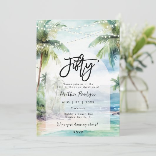 Palmbomen op het strand 50ste verjaardagsfeest kaart (Staand voorkant)
