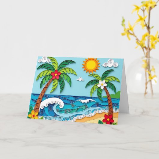 Palmbomen op het strand | Birthday Kaart (Gele Bloem)