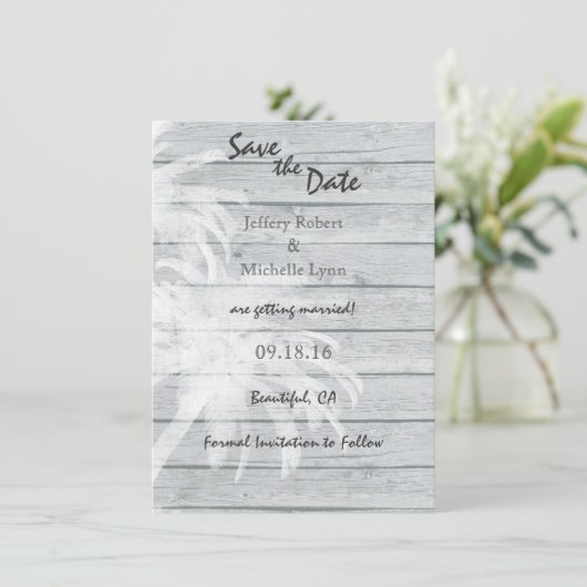 Palmbomen op het strand Wood Beach Wedding Save th Kaart (Staand voorkant)