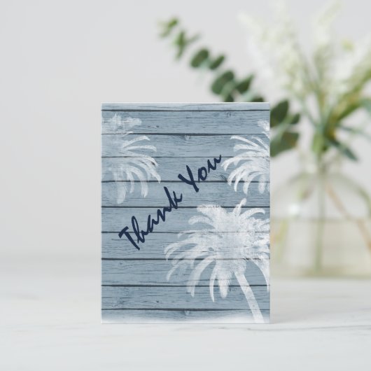 Palmbomen op rustieke houten strand dank u briefkaart (Staand voorkant)