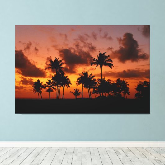 Palmbomen op zonsondergang - rood canvas afdruk (Insitu (Houten vloer))