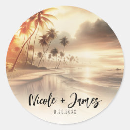 Palmbomen & Oranje Zonsondergang Strand Bruiloft Ronde Sticker