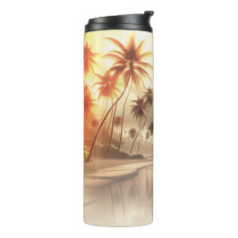 Palmbomen & Oranje Zonsondergang Strand Thermosbeker