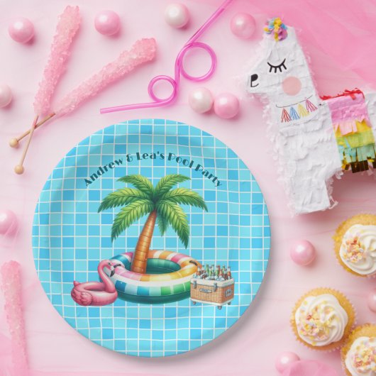Palmbomen Pool Party Flamingo Papieren Bordje (Feest)