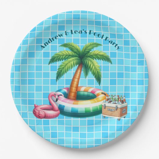 Palmbomen Pool Party Flamingo Papieren Bordje (Voorkant)