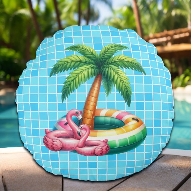 Palmbomen Pool Party Flamingo Rond Kussen (Creator heeft geüpload)