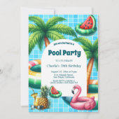 Palmbomen Pool Party Flamingo Verjaardag Uitnodigi Kaart (Voorkant)