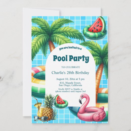 Palmbomen Pool Party Flamingo Verjaardag Uitnodigi Kaart (Voorkant)