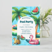 Palmbomen Pool Party Flamingo Verjaardag Uitnodigi Kaart (Staand voorkant)