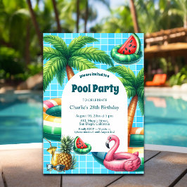 Palmbomen Pool Party Flamingo Verjaardag Uitnodigi Kaart