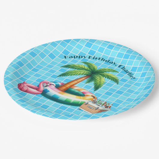 Palmbomen Pool Party Flamingo Verjaardagsfeest Papieren Bordje (Gekanteld)