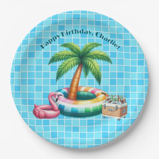 Palmbomen Pool Party Flamingo Verjaardagsfeest Papieren Bordje (Voorkant)